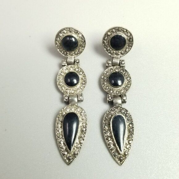 Vintage Black and Silver Tone Dangle Stud Earrings, 80s 90s Style, Estate - Picture 5 of 6